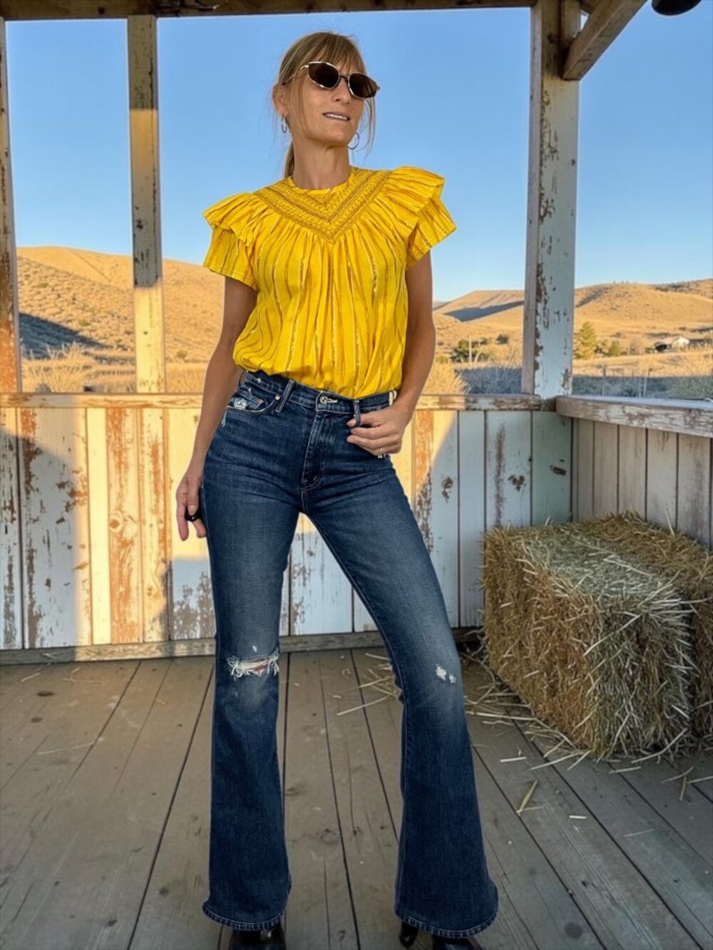 Saylor Ruffle Blouse XS Yellow Stripe Metallic Western
